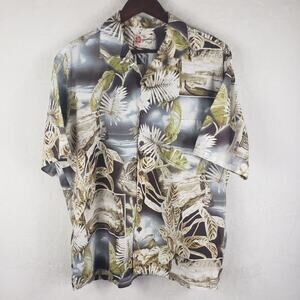 Hilo Hattie Waikiki Shirt Men L Aloha Hawaii Palm Ocean Print Blue Green Cream